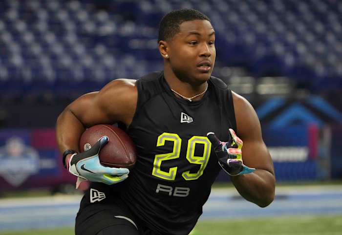 Mar 4, 2022; Indianapolis, IN, USA; Texas A&M running back Isaiah Spiller (RB29) goes through drills during the 2022 NFL Scouting Combine at Lucas Oil Stadium. Mandatory Credit: Kirby Lee-USA TODAY Sports